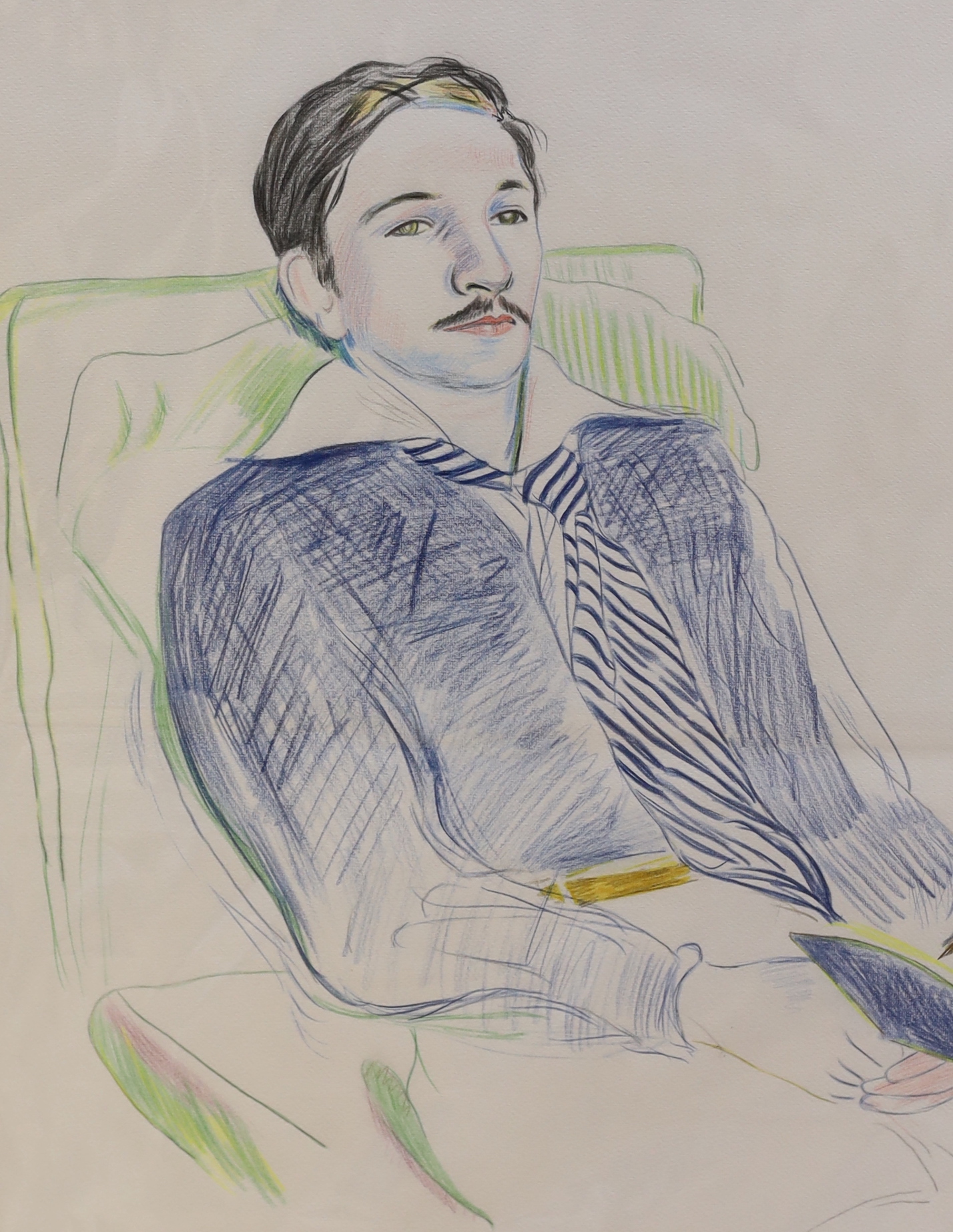 In the manner of David Hockney (b.1937), two crayon sketches, Portraits of a lady and gentleman, one inscribed Leslie Reed, mounted and unframed, largest 63 x 47cm